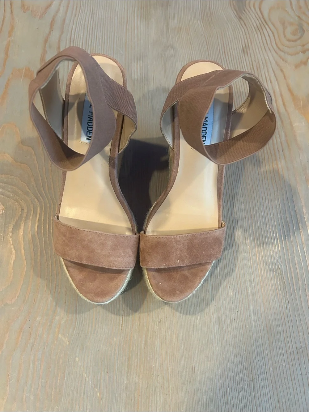Steve Madden Antique Pink Suede Wedge Sandals with Elastic Ankle Straps
